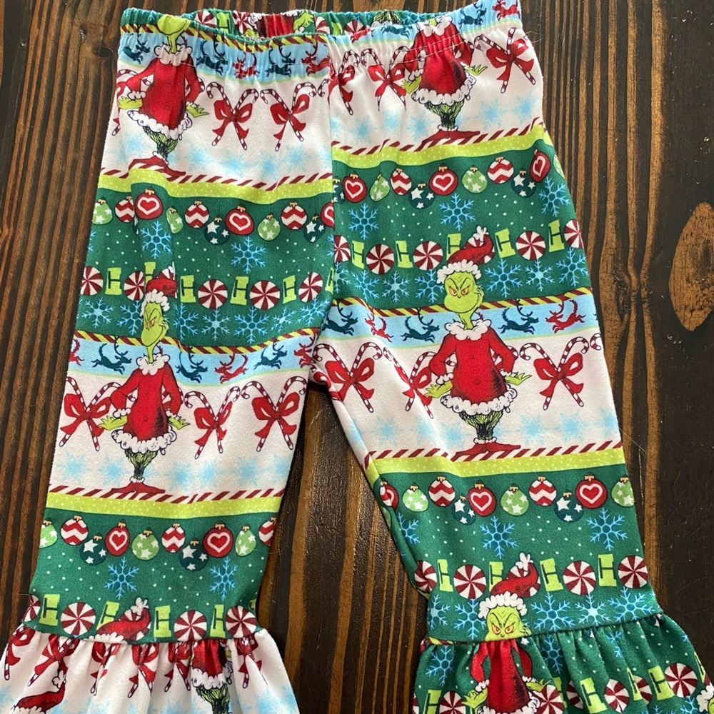 Grinch Christmas Top and Festive Bell Bottom Pants Set, girls size S (2T) - Picture 7 of 7